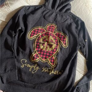 Simply Southern Dark Gray Hoodie with Plaid Turtle Design